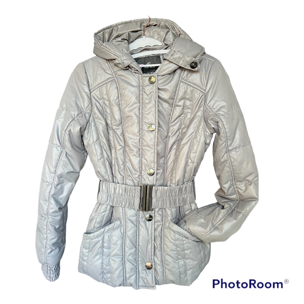 Guess Womens Guess Gray Shiny Puffer Bubble Quilted Hooded Jacket Full Zip S